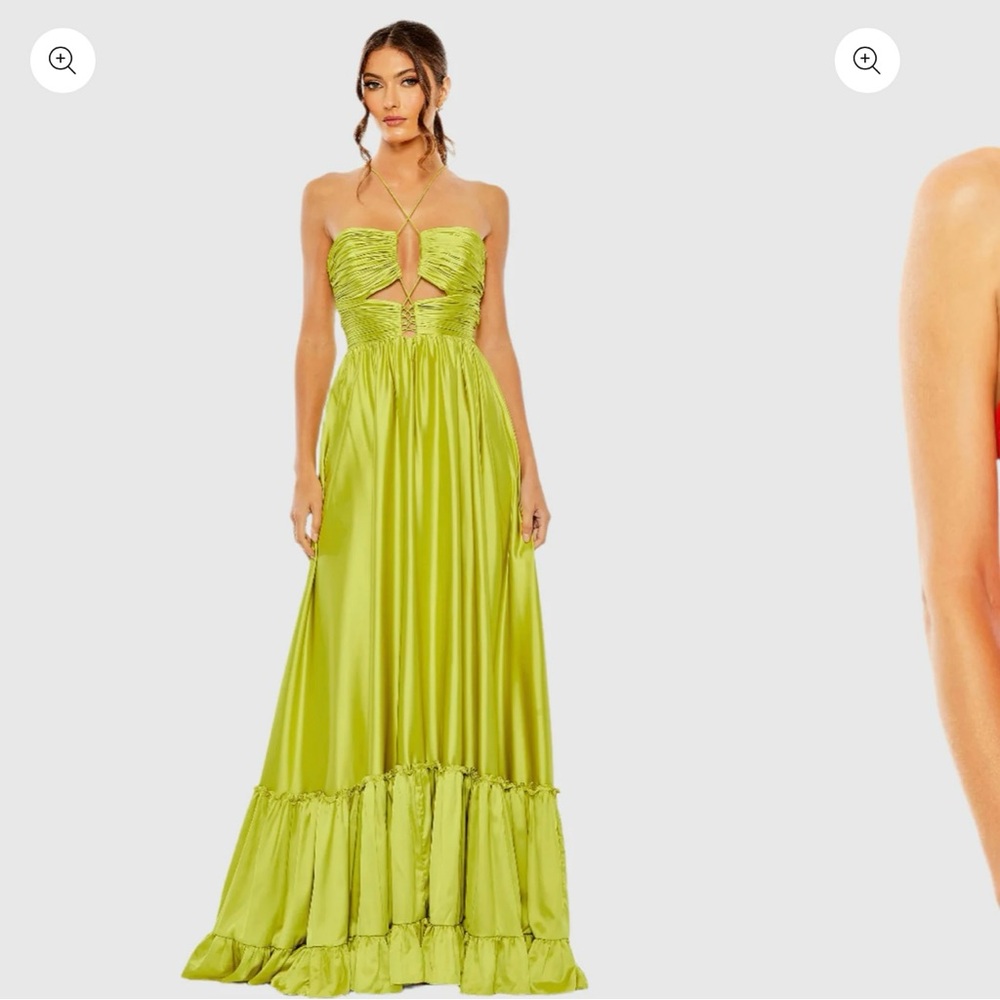 MAC DUGGAL Ruched Tiered Criss Cross Spaghetti Strap Gown Size 8 Chartreuse